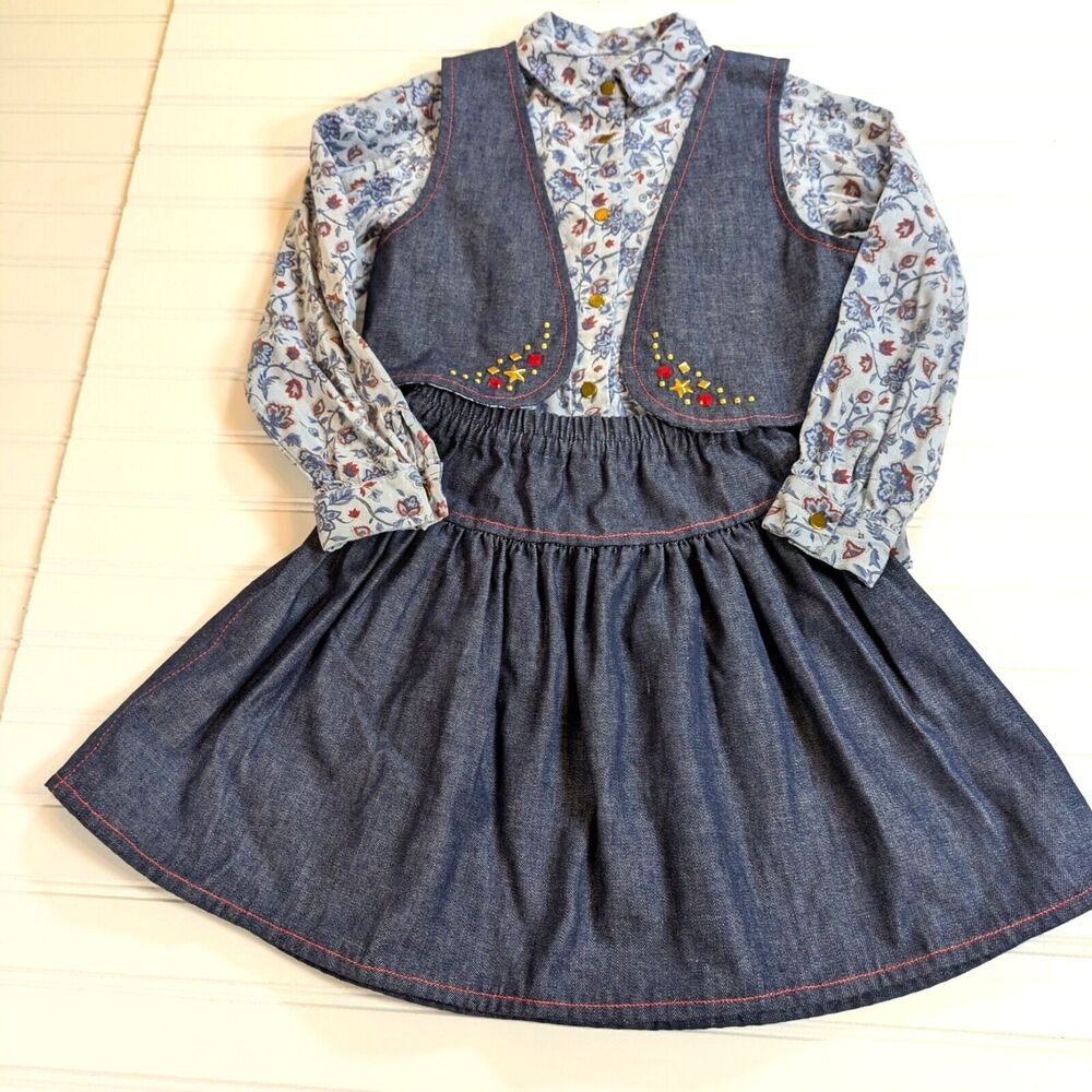 Girls Western Wear Outfit Size 10 Denim Skirt Vest Shirt Floral Costume Handmade - Picture 1 of 16
